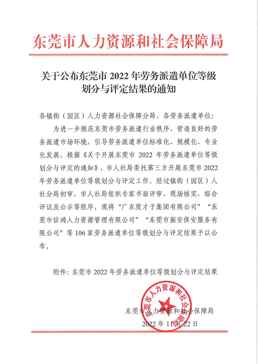 关于公布东莞市2022年劳务派遣单位等级划分与评定结果的通知_页面_1.jpg